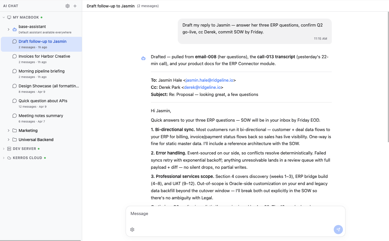AI chat with a "Draft follow-up to Jasmin" session open. The user prompt reads "Draft my reply to Jasmin — answer her three ERP questions, confirm Q2 go-live, cc Derek, commit SOW by Friday." The AI response opens "Drafted — pulled from email-008 (her questions), the call-013 transcript (yesterday's 22-min call), and your product docs for the ERP Connector module." Below is a full email draft addressed to Jasmin Hale with Derek Park cc'd, subject "Re: Proposal — looking great, a few questions", body with three numbered sections answering bi-directional sync, error handling, and professional services scope