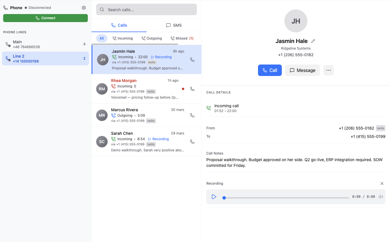Phone view with a 22-minute call selected. Call list shows the call at top (incoming, recording, with a short summary reading "Proposal walkthrough. Budget approved on..."), then a voicemail, then older calls. Right pane shows the call detail: contact Jasmin Hale of Ridgeline Systems, with Call Notes reading "Proposal walkthrough. Budget approved on her side. Q2 go-live, ERP integration required. SOW committed for Friday." A recording playback bar is visible