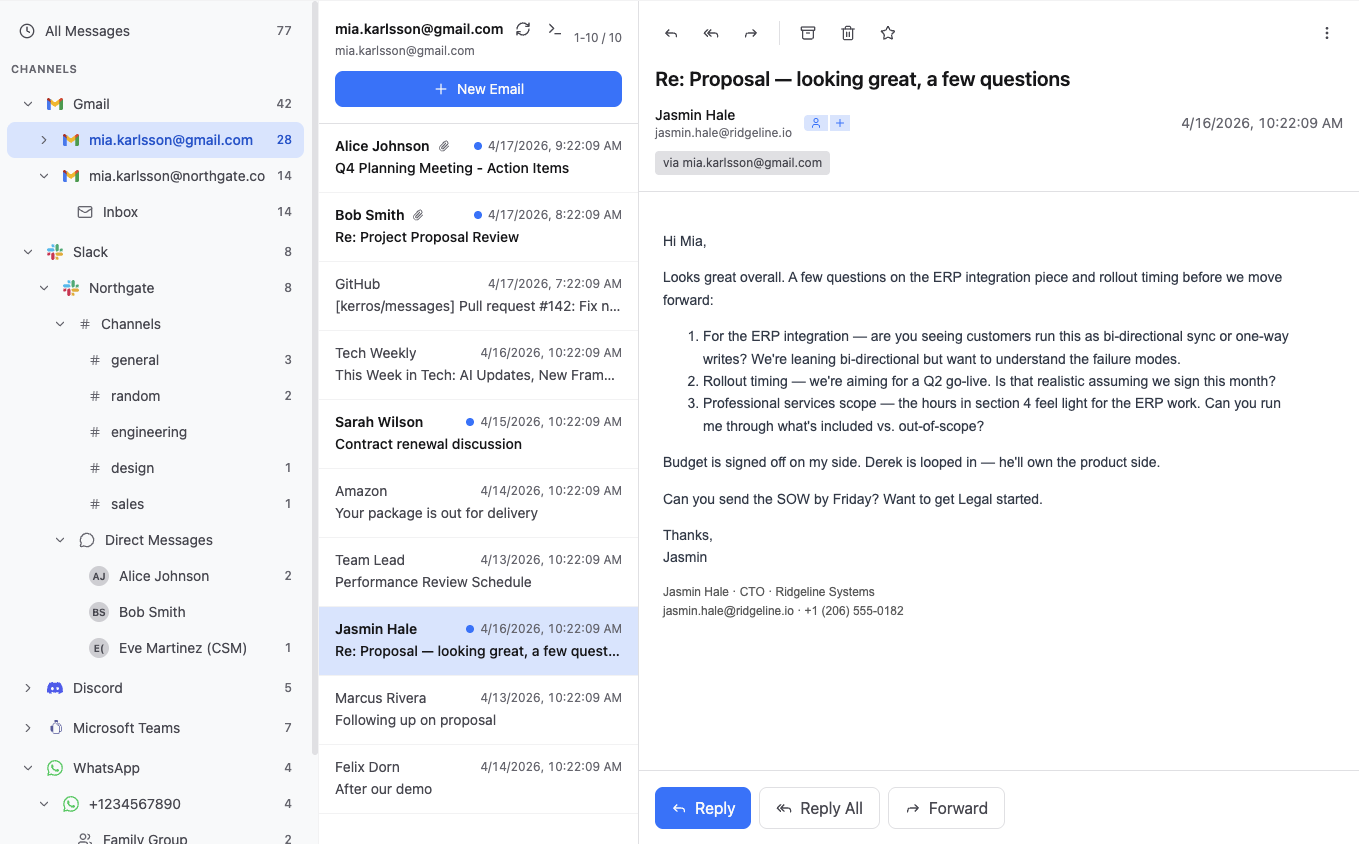 Communication Hub inbox with channels tree expanded — both Gmail accounts, Slack Northgate with #sales and other channels, Discord, Microsoft Teams, WhatsApp. Message list shows Jasmin Hale's proposal reply selected at the bottom. Right pane shows the full email body with three questions about ERP integration, budget signed off on her side, SOW requested by Friday, signed Jasmin Hale, CTO, Ridgeline Systems