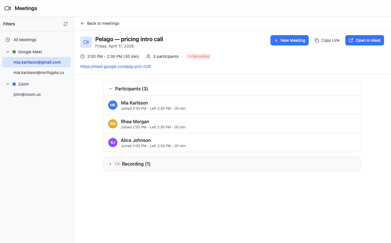 Meeting detail for Pelago — pricing intro call, Friday April 17 2026, 2:00–2:30 PM (30 minutes), 3 participants. Google Meet link visible. A recording section is present at the bottom