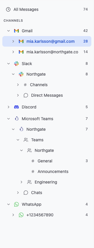 Channels panel zoomed in — Gmail with two accounts, Slack workspace with channels and DMs, Discord, Microsoft Teams nested with Teams and Chats, WhatsApp