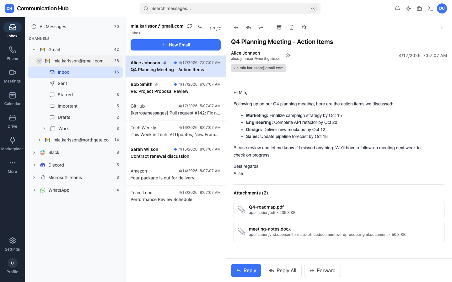 Communication Hub showing the unified inbox with an open email, channels in the left panel — Gmail, Slack, Discord, Microsoft Teams, WhatsApp — and the KerrOS navrail on the far left