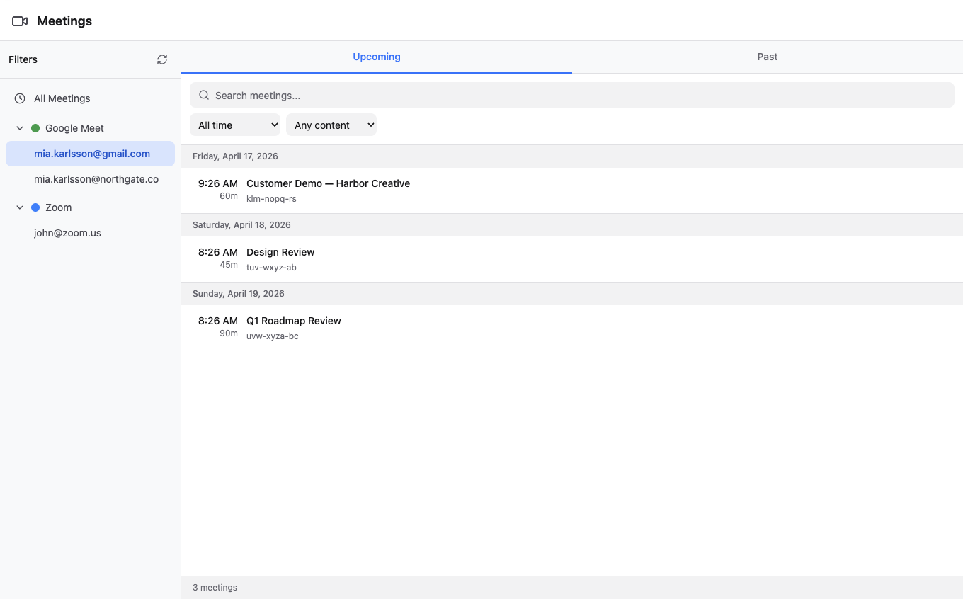 Meetings view filtered by Google Meet and Zoom accounts, showing upcoming meetings — Customer Demo, Design Review, Q1 Roadmap Review