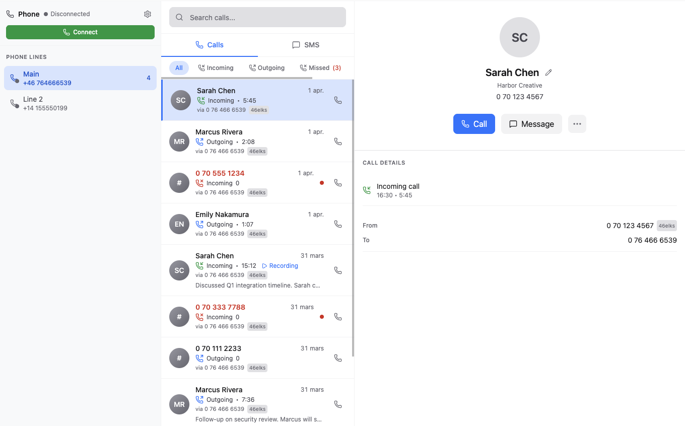 Phone view with two phone lines, a call log of incoming and outgoing calls with recordings, and a contact detail panel for the selected call