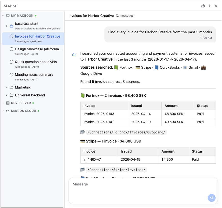 AI chat pane with the query "Find every invoice for Harbor Creative from the past 3 months". The response shows sources searched — Fortnox, Stripe, QuickBooks, Gmail, Google Drive — and a table of invoices grouped by source, with path references to each file