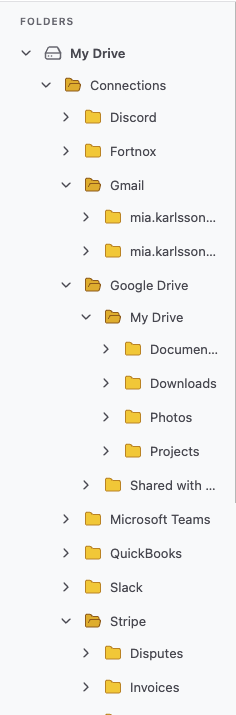 Folder tree zoomed in — My Drive with Connections expanded showing each connected source as a folder, with nested structure visible inside Google Drive and Stripe