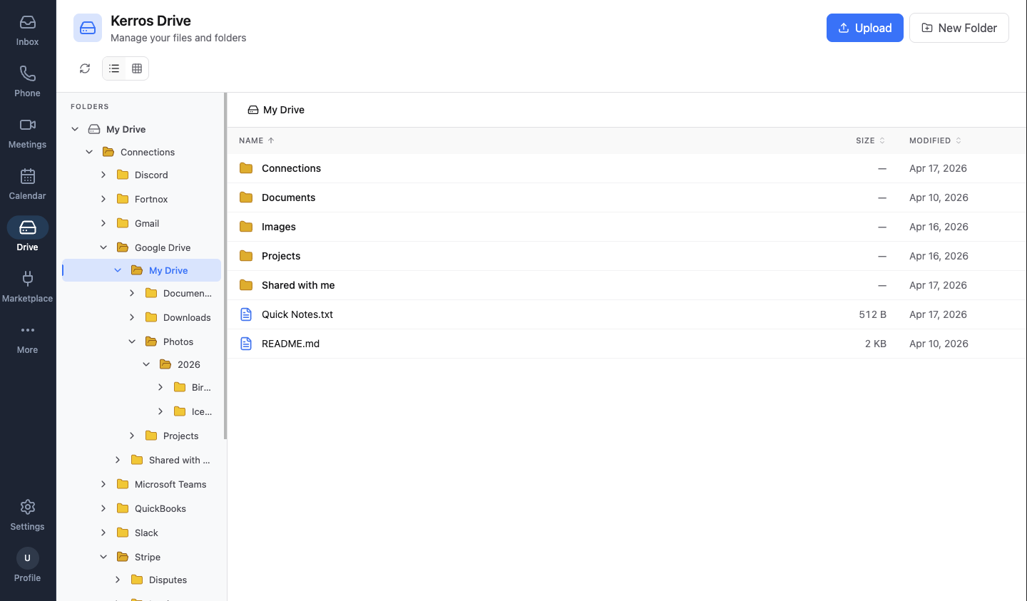 Kerros Drive showing the navrail, the folder tree with Connections expanded — Discord, Fortnox, Gmail, Google Drive, Microsoft Teams, QuickBooks, Slack, Stripe — and the root of My Drive with folders including Connections, Documents, Images, Projects, and Shared with me