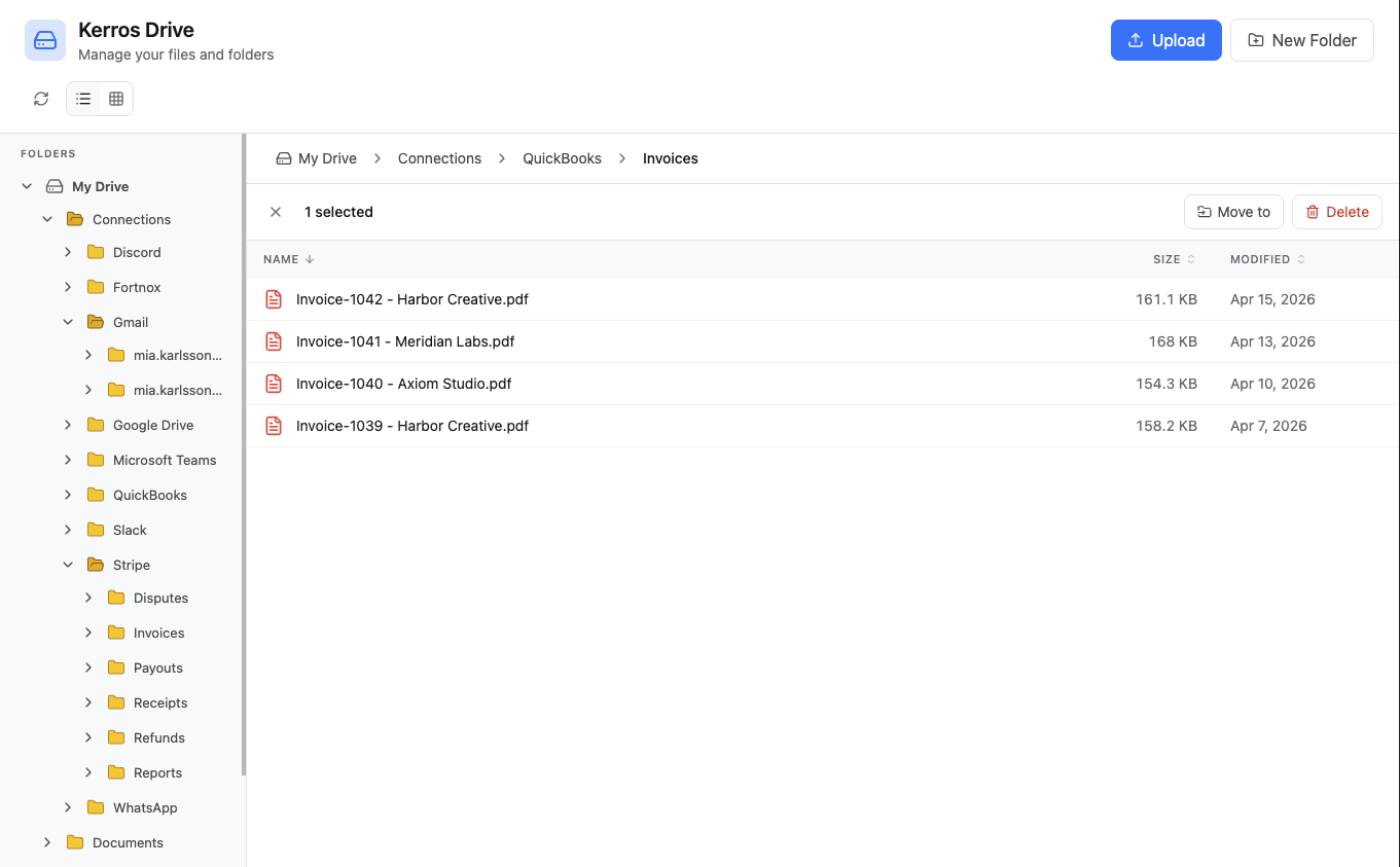 Browsing My Drive > Connections > QuickBooks > Invoices, showing four invoice PDFs with one selected and Move to / Delete actions visible in the toolbar